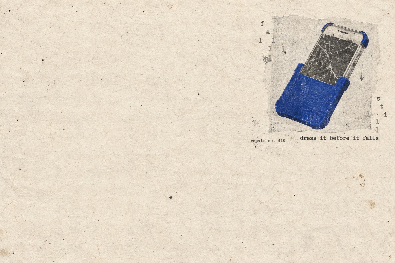Minimal zine cover: a cracked grayscale phone sliding into a saturated ultramarine protective case on aged paper