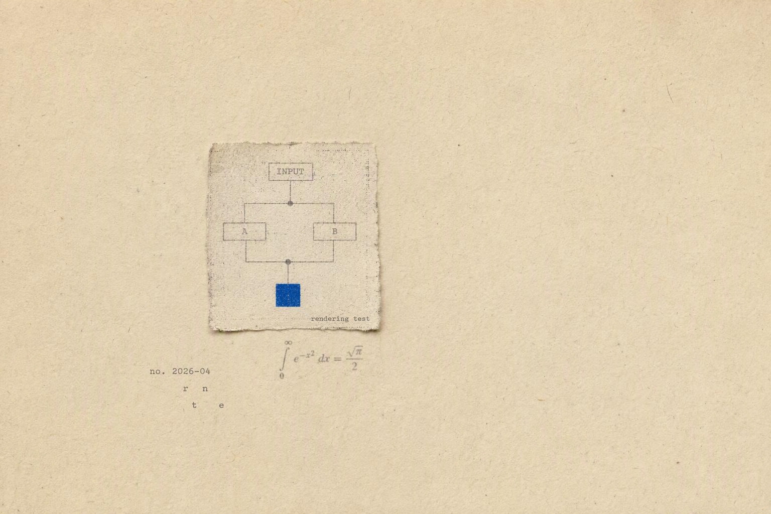 A minimal zine-style poster: a printer's test specimen card with a grayscale flowchart and one ultramarine square node, on aged paper