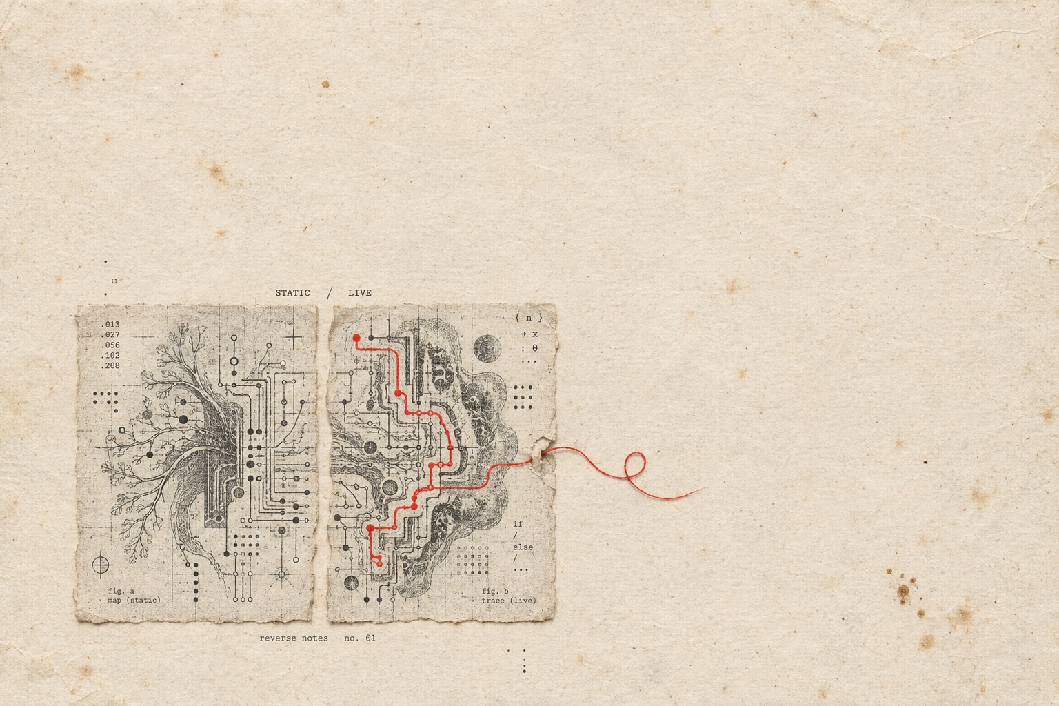 Minimal zine cover: a tomato-red runtime trace escapes a grayscale circuit labyrinth across two offset torn-paper panels